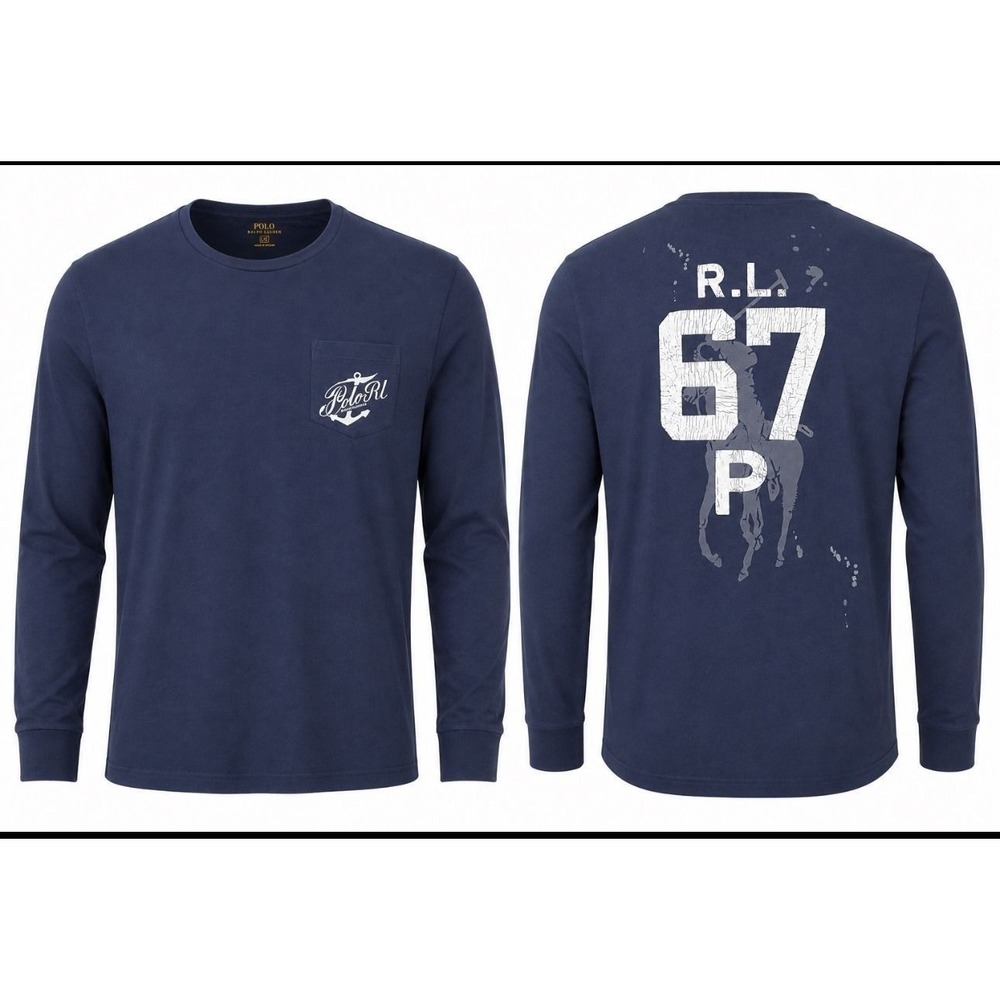 Polo Ralph Lauren Long Sleeve TShirt Men XL Blue Pocket Anchor Graphic RL 67